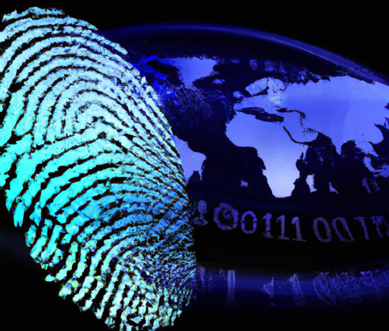 Blue digital fingerprint overlaying a world map with binary code.