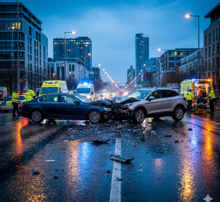 Collision between two cars on a busy street, with emergency vehicles at the scene.