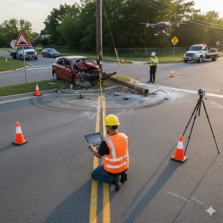 Car crash scene with a damaged vehicle, drone, and traffic cones; investigator on-site.